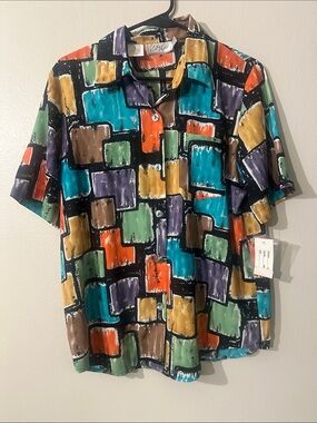 Men's Cathy Che Colorful Multicolor Abstract Print Short-Sleeve button down Sz 8